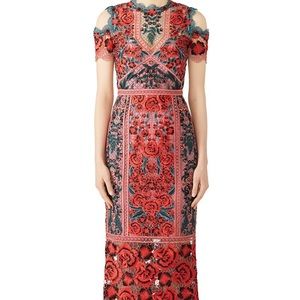 Marchesa Notte Lace Floral Cold Shoulder dress